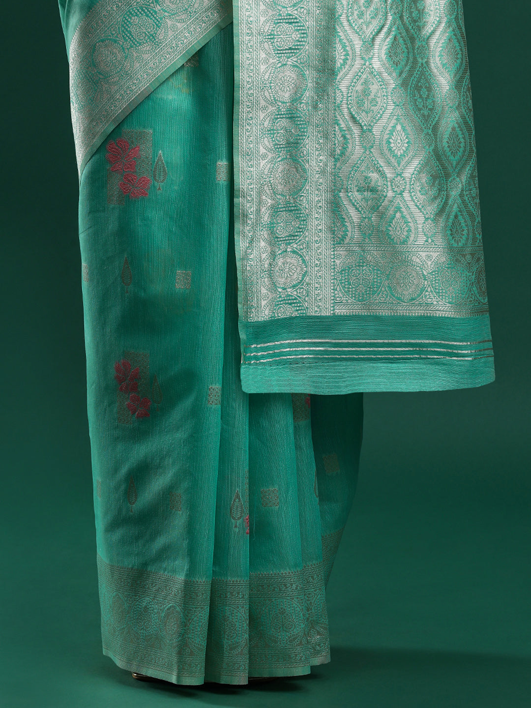 Woven Design Floral Chanderi Cotton Saree in Sea Green