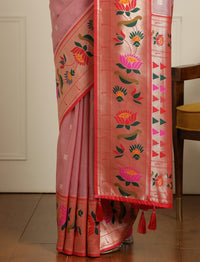 Floral Woven Design Zari Paithani Saree in Pink and Orange