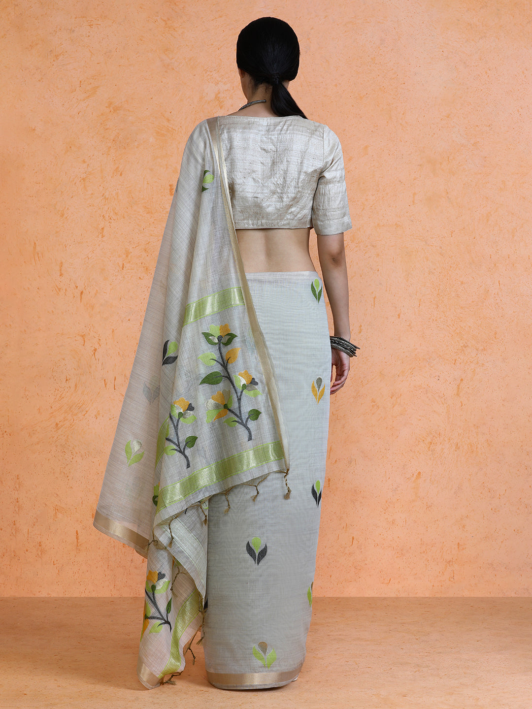 Rithika Cotton in Beige with Green Motifs