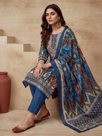 Embroidered Cotton Blend Round Neck Kurta & Trousers With Dupatta