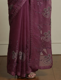 Floral Embellished Saree With Blouse Piece in Purple