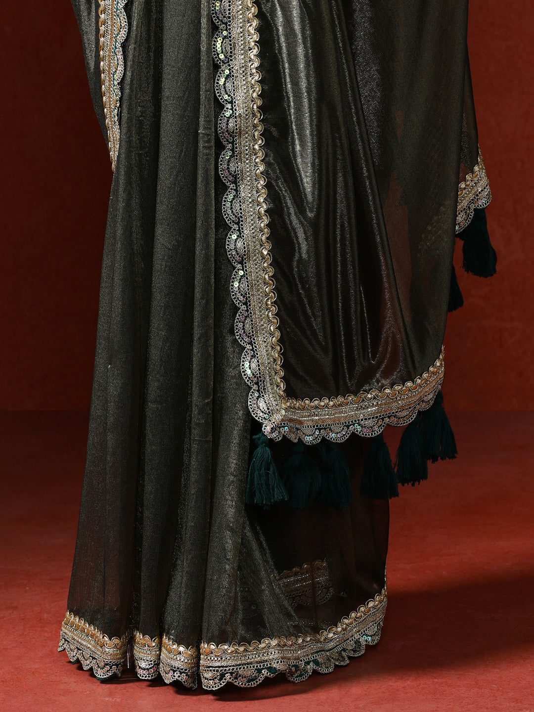 Embellished Satin Silk Sequinned With Tassles Saree in green