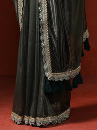 Embellished Satin Silk Sequinned With Tassles Saree in green