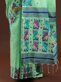 Woven Design Ethnic Motif Muga Cotton Saree in Green