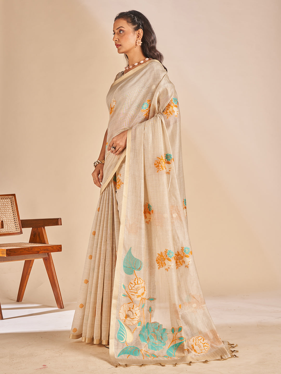 Leela Cotton In Beige With Orange Motifs