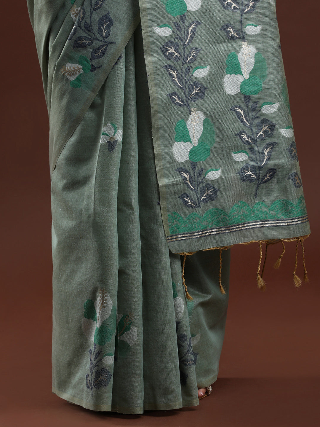 Woven Design Floral Muga Cotton Saree in Green