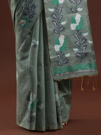 Woven Design Floral Muga Cotton Saree in Green
