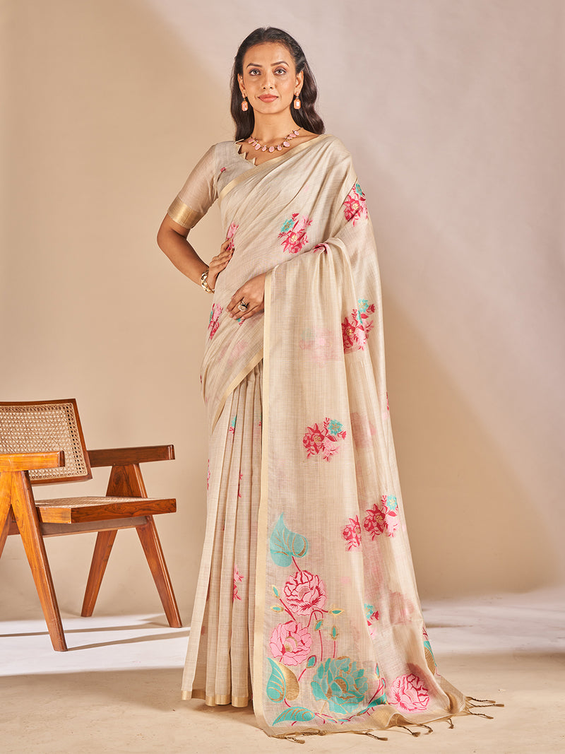 Leela Cotton In Beige With Hot Pink Motifs