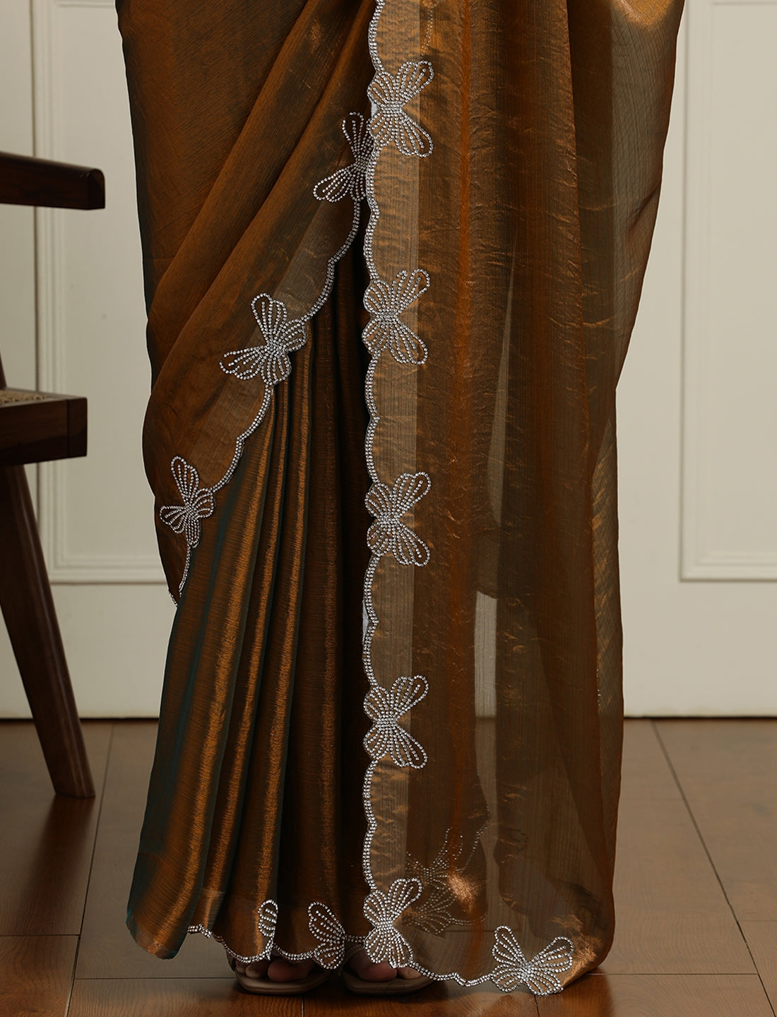 Beads and Stones Wedding Saree With Blouse in Mustard / Gold