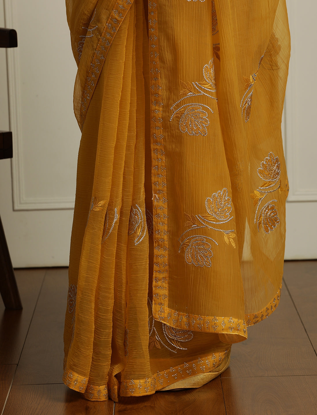 Floral Embroidered Beads and Stones Saree in Yellow