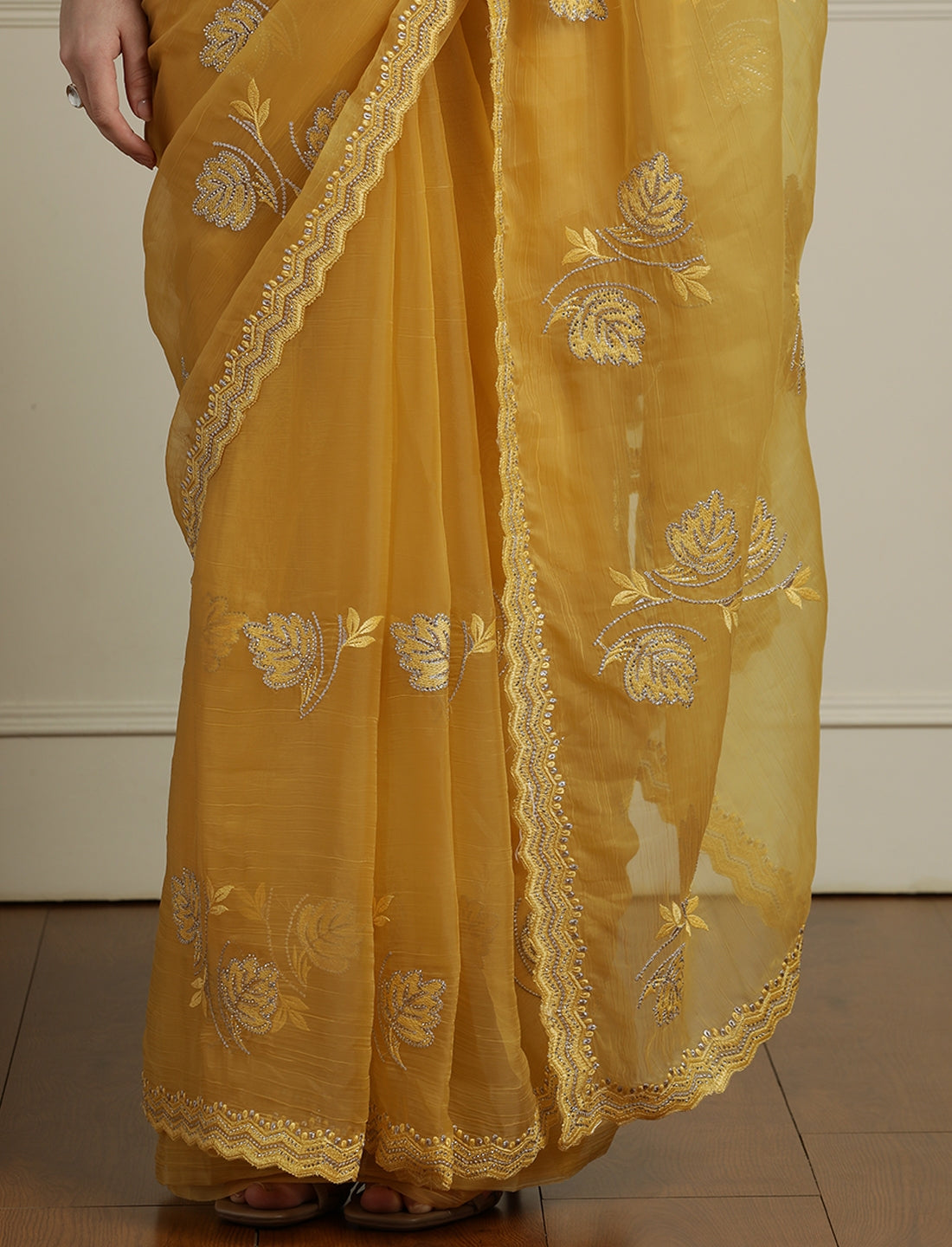 Floral Motifs Embroidered Saree with Unstitched Blouse in Yellow