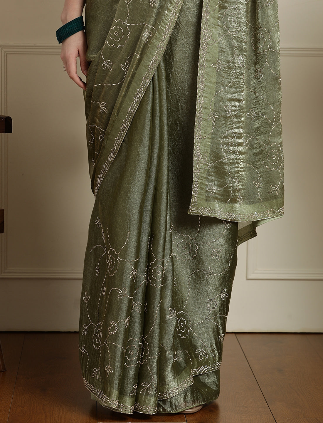 Embellished Saree With Unstitched Blouse in Green