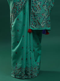 Sarha Ethnic Motifs Embroidered Muga Saree in Green