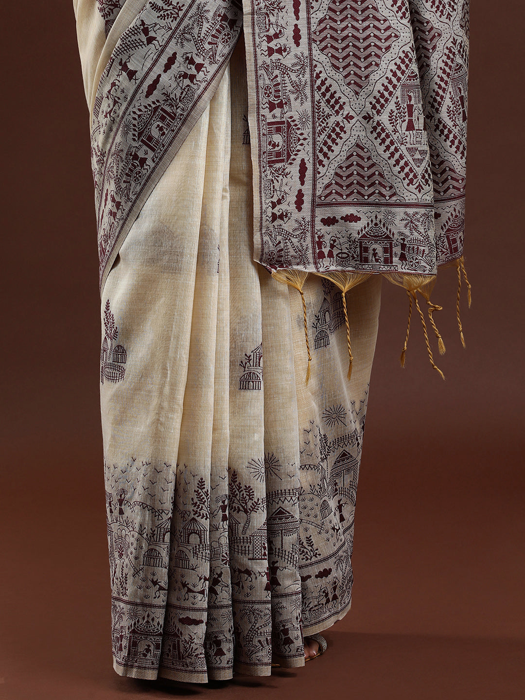 Woven Design Chanderi Cotton Saree with Dark Red Motifs