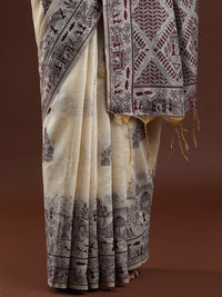 Woven Design Chanderi Cotton Saree with Dark Red Motifs