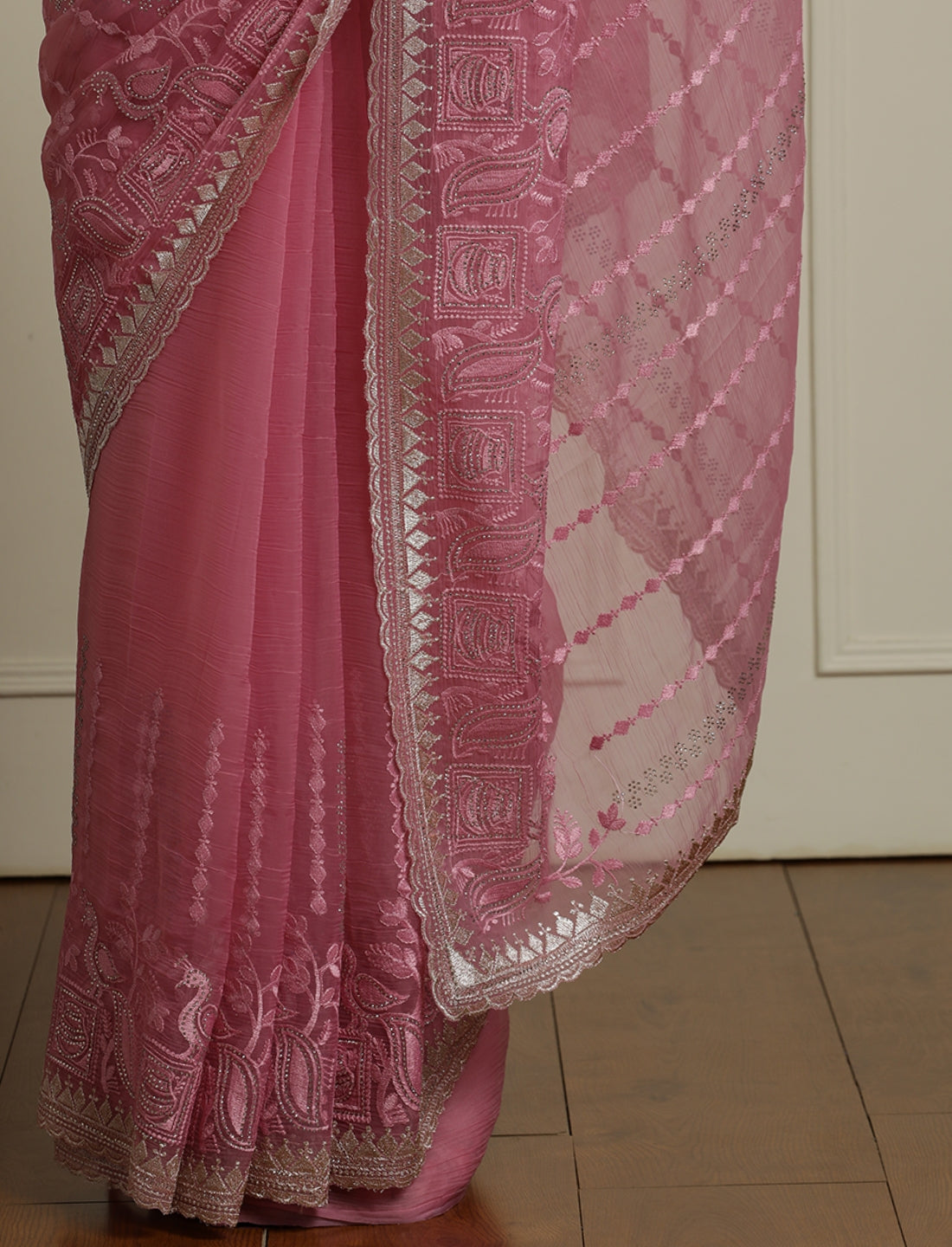Ethnic Motif Woven Design Zari Indian Bridal Saree in Pink