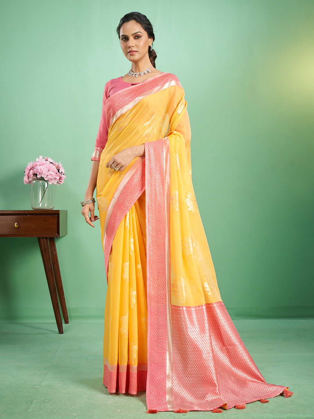 Rohini Cotton In Turmeric Yellow & Rose Pink