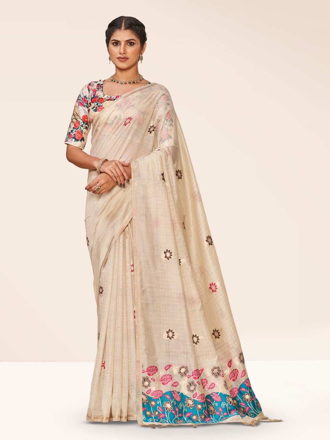 Sundari Cotton in Beige with Light Blue Motifs