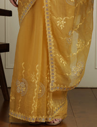 Floral Motifs Embroidered Saree with Unstitched Blouse in Yellow