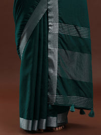 Woven Design Solid Bhagalpuri Linen Saree in Dark Green