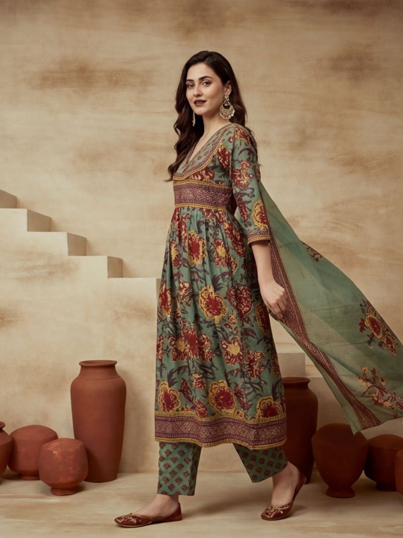 Printed V-Neck Kurta & Trousers With Dupatta