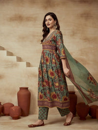 Printed V-Neck Kurta & Trousers With Dupatta