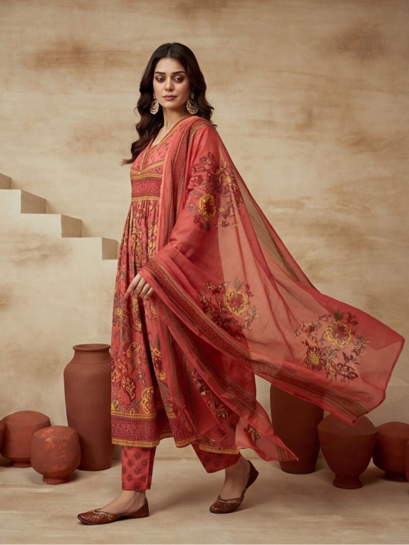 Embroidered V-Neck Kurta & Trousers With Dupatta