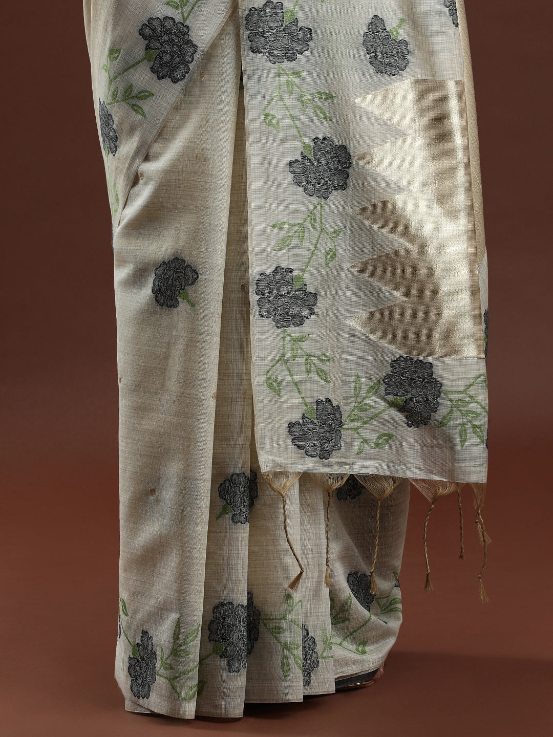 Woven Design Floral Muga Cotton Saree with Grey Motifs