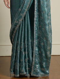 Embellished Saree With Unstitched Blouse in Blue