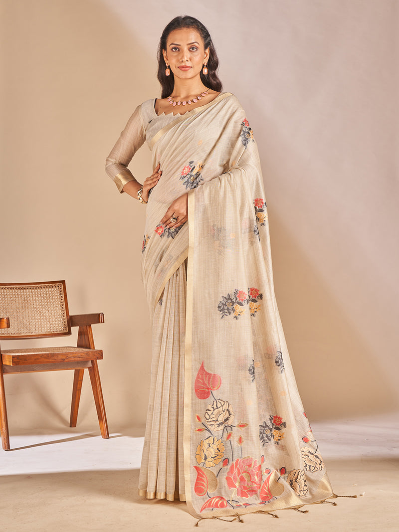 Leela Cotton In Beige With Grey Motifs