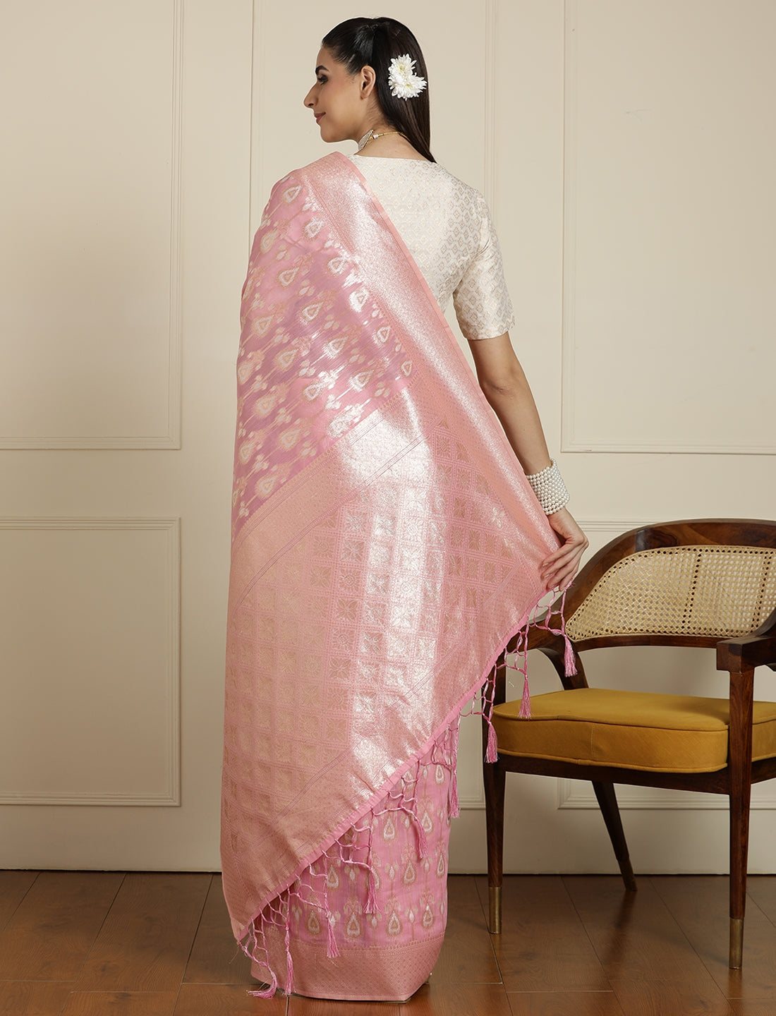 Ethnic Motifs Woven Design Muga Saree in Pink