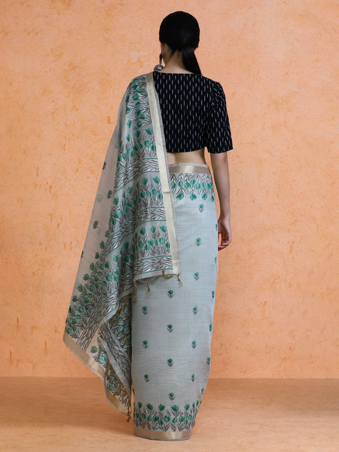 Aranya Cotton in Beige with Green Motifs