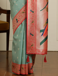Paithani Woven Design Saree With Blouse in Sea Green and Orange