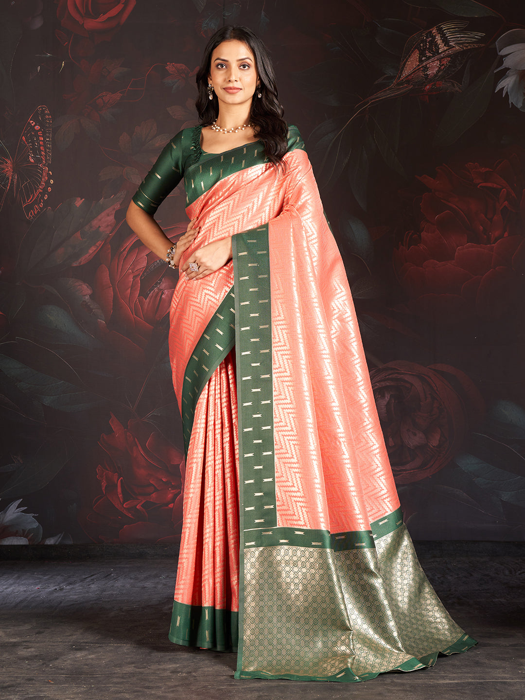 Vastra Silk In Forest Green And Pink