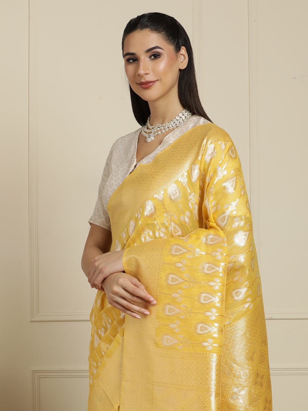 Geometric Woven Design Muga Saree With Blouse Piece in Yellow