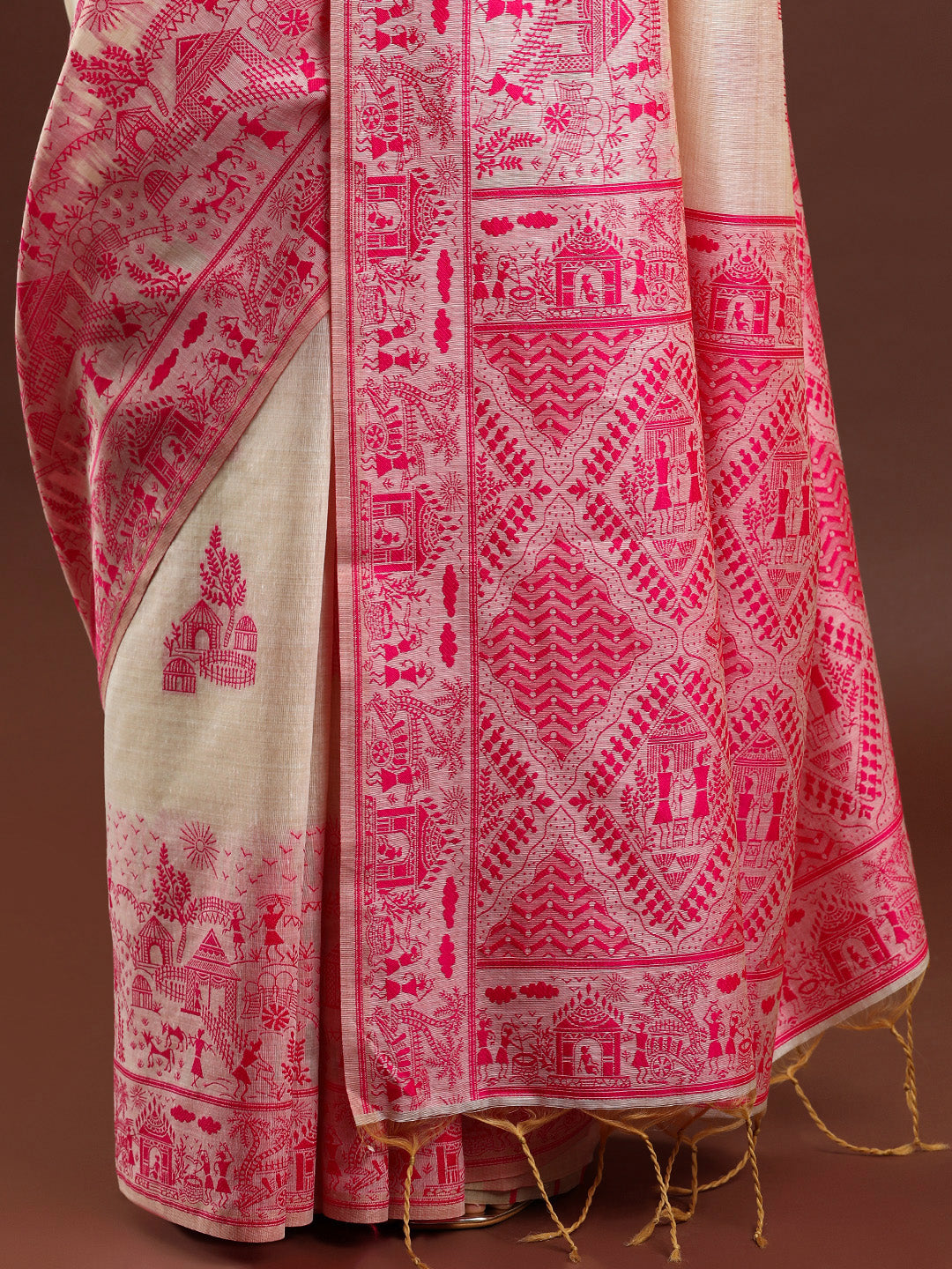 Woven Design Chanderi Cotton Saree with Pink Motifs