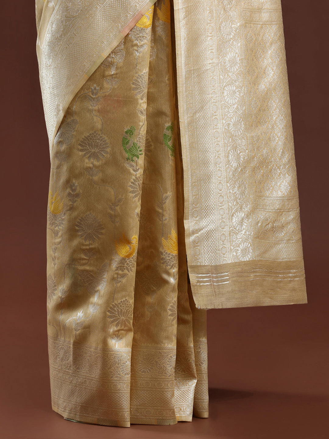 Woven Design Floral Chanderi Cotton Saree in Beige