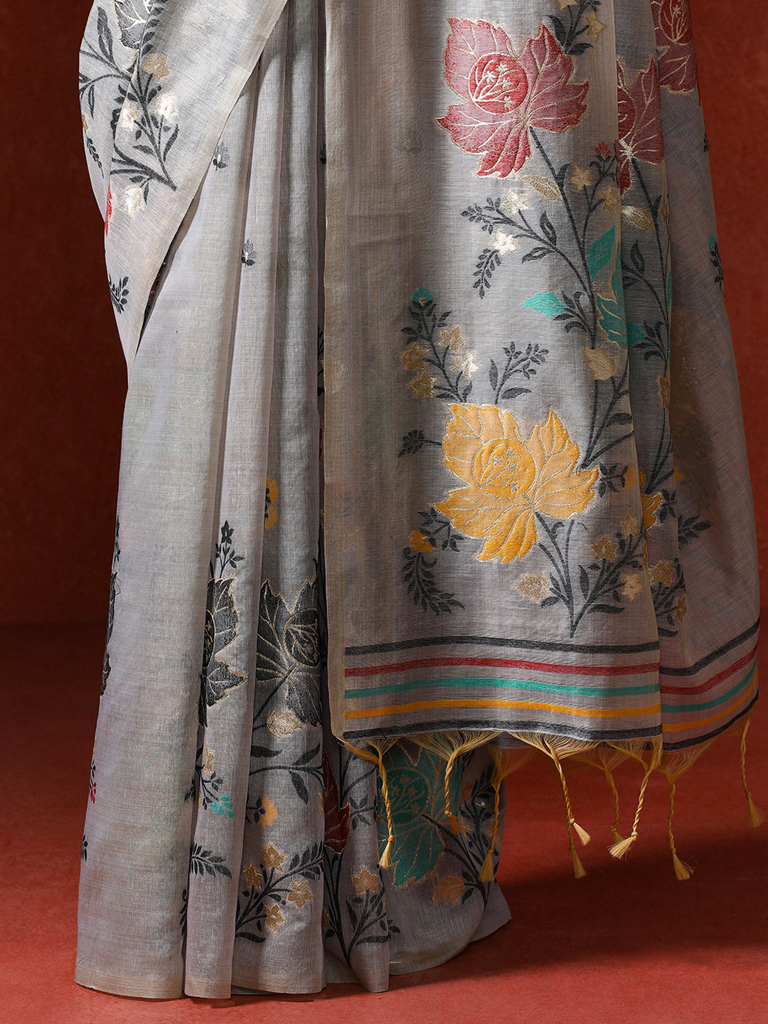 Floral Embellished Embroidered Chanderi Saree in grey