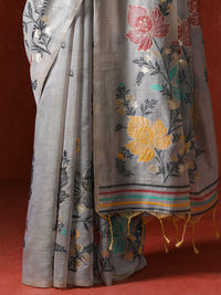 Floral Embellished Embroidered Chanderi Saree in grey