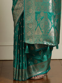 Ethnic Motif Woven Design Zari Banarasi Satin Silk Saree & Blouse Piece in Sea Green