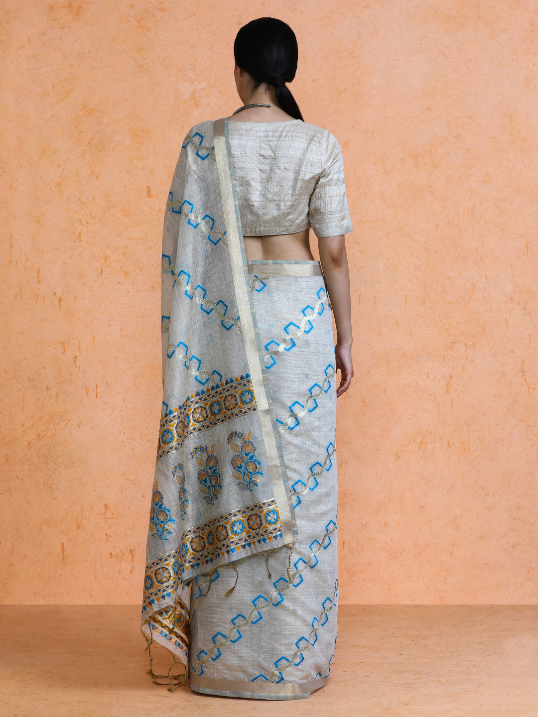 Devina Cotton in Beige with Sky Blue Motifs