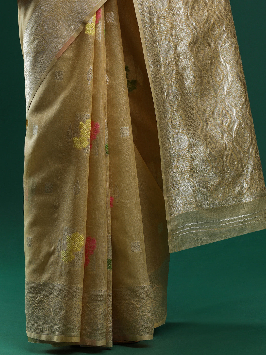 Woven Design Floral Chanderi Cotton Saree in Beige