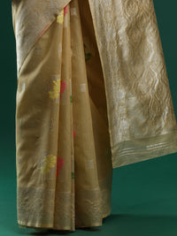 Woven Design Floral Chanderi Cotton Saree in Beige