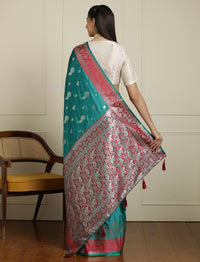 Ethnic Motifs Zari Woven Design Banarasi Saree With Blouse Piece in Sea Green