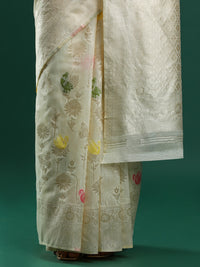 Woven Design Floral Chanderi Cotton Saree in Cream
