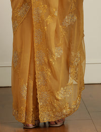 Floral Embroidered Sarees With Unstitched Blouse in Yellow