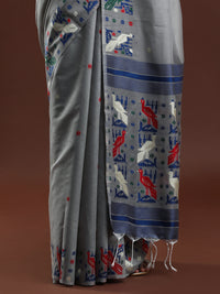 Woven Design Ethnic Motif Muga Cotton Saree in Grey
