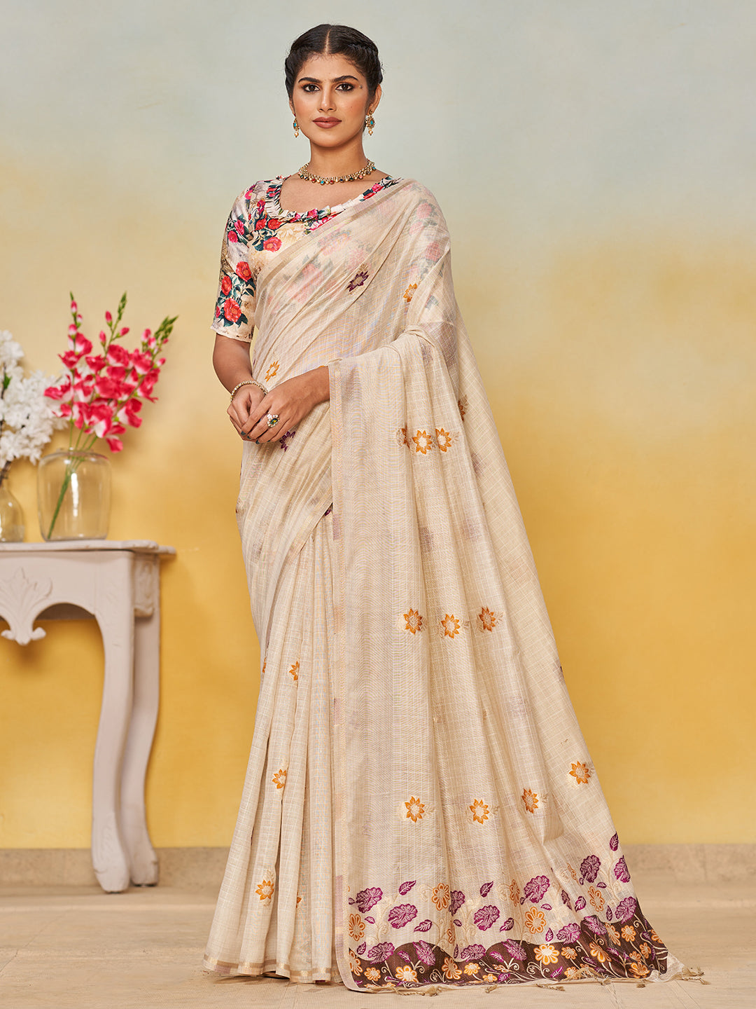 Sundari Cotton in Beige with Brown Motifs