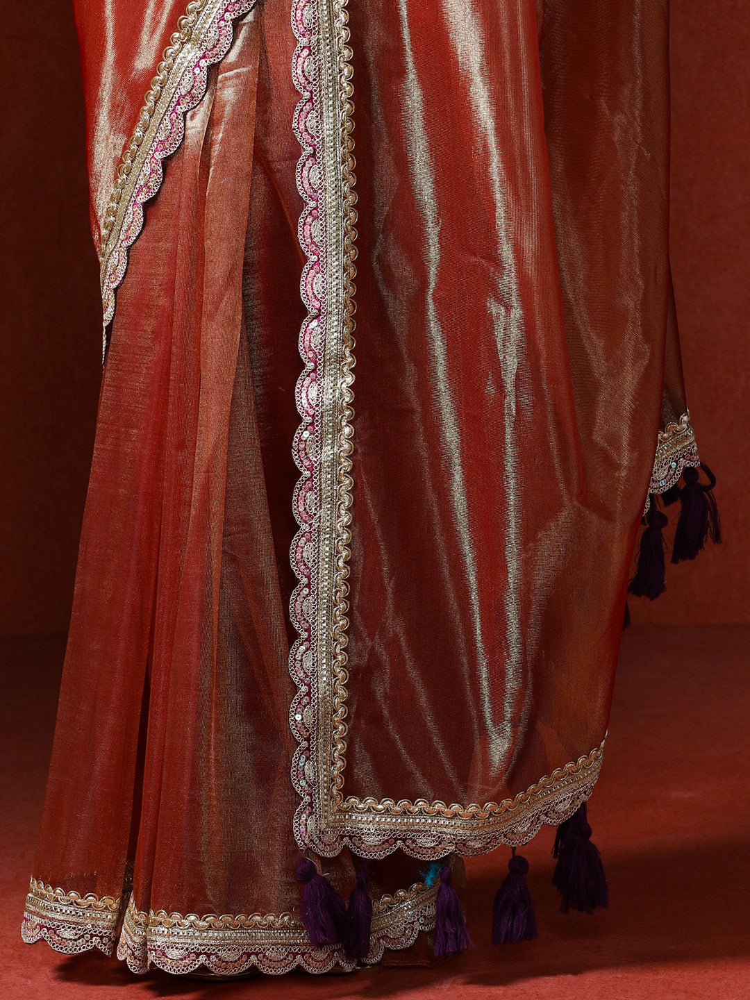 Embellished Satin Silk Sequinned With Tassles Saree in copper