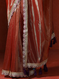 Embellished Satin Silk Sequinned With Tassles Saree in copper